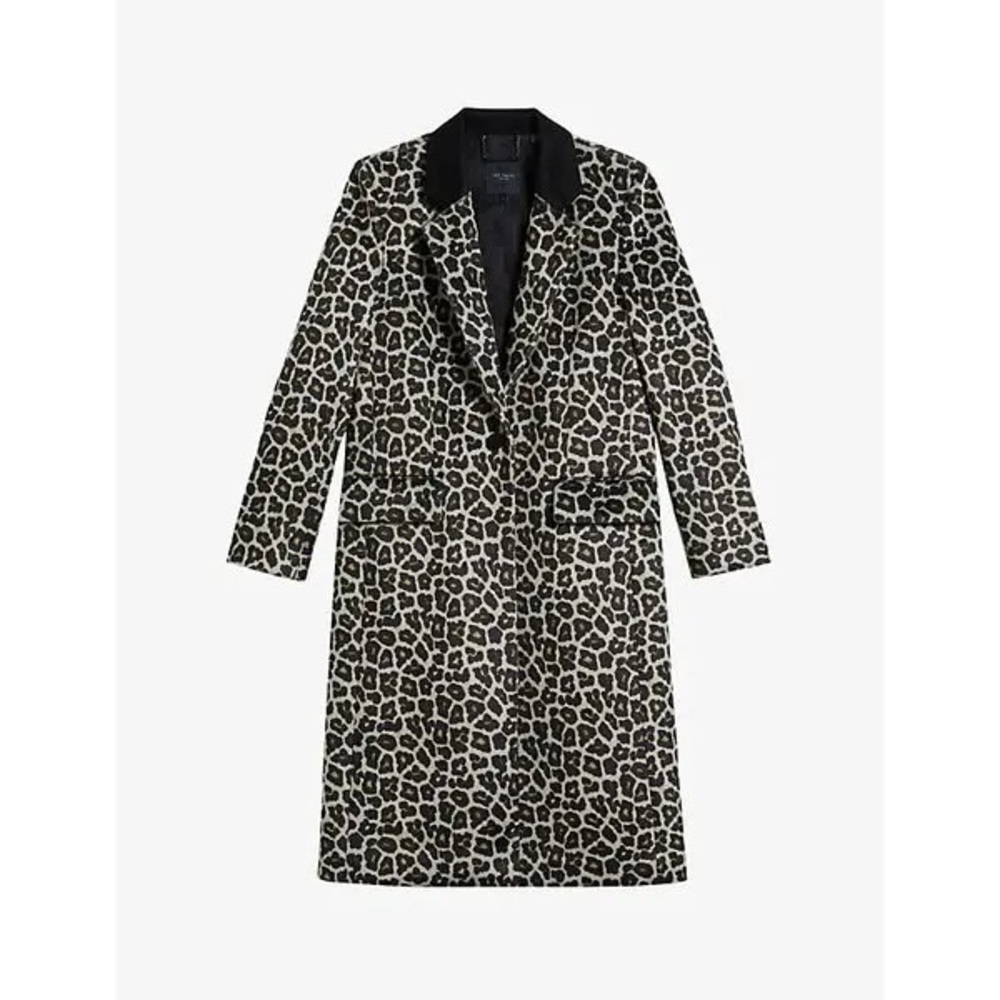 Ted Baker Leopard Pattern Leeroi single breasted Coat, Black Collar. NWOT Size 2